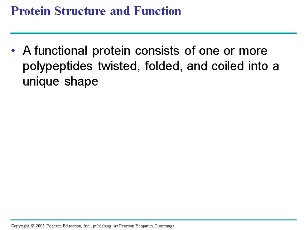 Protein Structure and Function A functional protein consists of one or more polypeptides twisted,